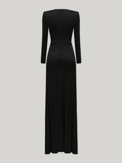 Deep V-Neck Long-Sleeve  Waist Ruches Dress