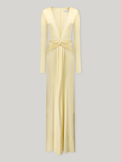 Deep V-Neck Long-Sleeve Waist Twist Draped Maxi Dress