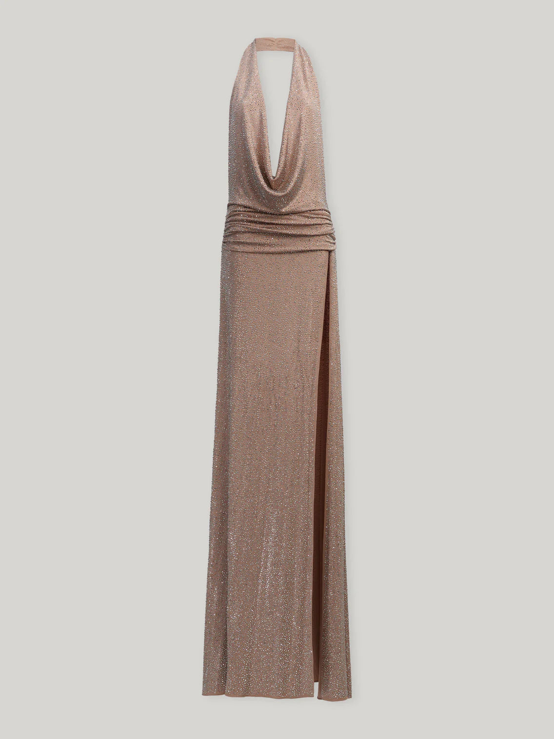 Choker-Style Deep V-Neck High-Slit Ruched Full-Crystal Dress