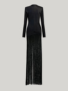 Boat Neck Long-Sleeve Satin-Paneled Tassel Dress