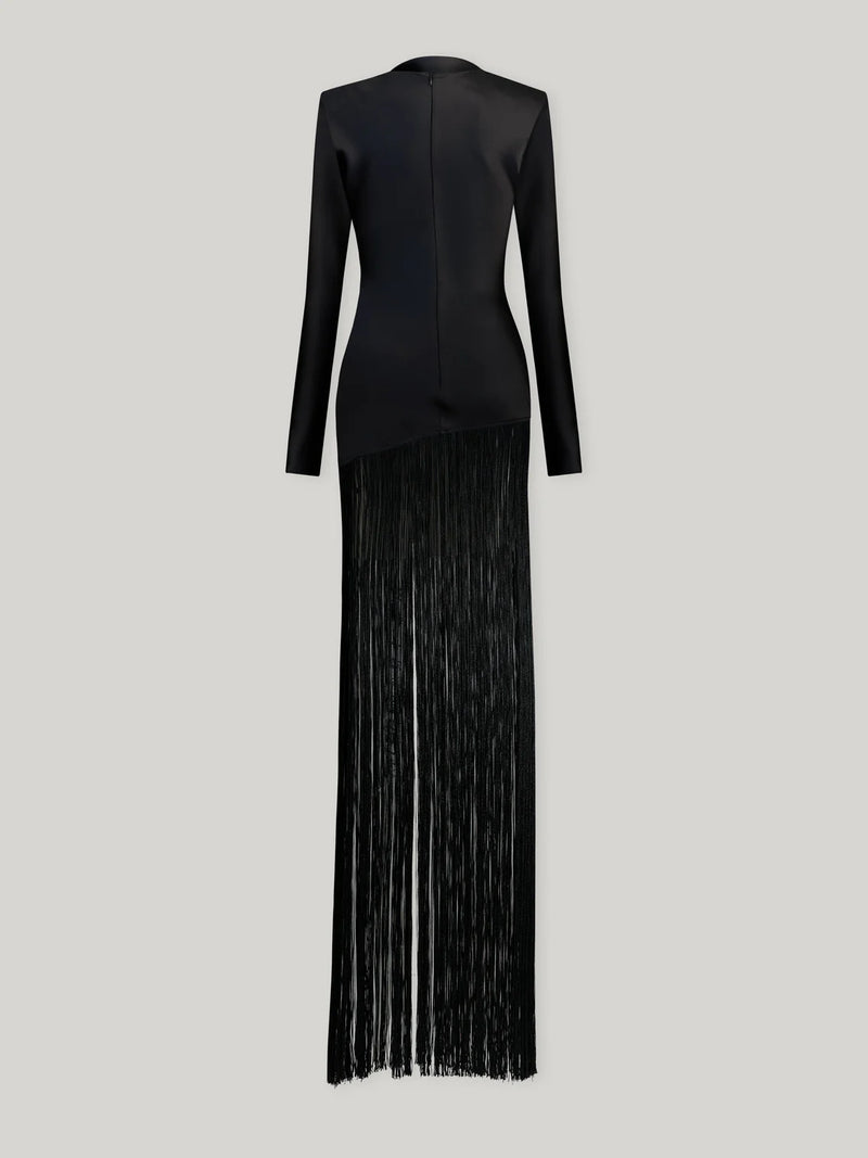 Boat Neck Long-Sleeve Satin-Paneled Tassel Dress