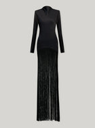 Boat Neck Long-Sleeve Satin-Paneled Tassel Dress