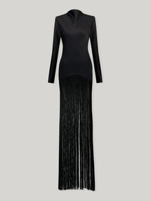 Boat Neck Long-Sleeve Satin-Paneled Tassel Dress