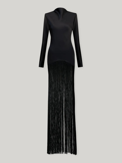 Boat Neck Long-Sleeve Satin-Paneled Tassel Dress