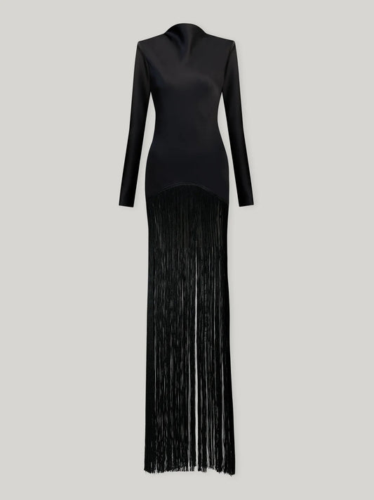 Boat Neck Long-Sleeve Satin-Paneled Tassel Dress