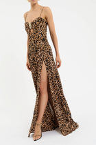 Spaghetti Strap Leopard Front High-Slit Ruched Cutout Metal-Bust-Detail Dress