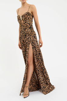 Spaghetti Strap Leopard Front High-Slit Ruched Cutout Metal-Bust-Detail Dress