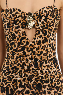 Spaghetti Strap Leopard Front High-Slit Ruched Cutout Metal-Bust-Detail Dress