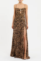 Spaghetti Strap Leopard Front High-Slit Ruched Cutout Metal-Bust-Detail Dress