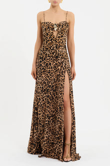 Spaghetti Strap Leopard Front High-Slit Ruched Cutout Metal-Bust-Detail Dress