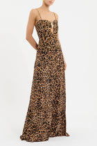 Spaghetti Strap Leopard Front High-Slit Ruched Cutout Metal-Bust-Detail Dress