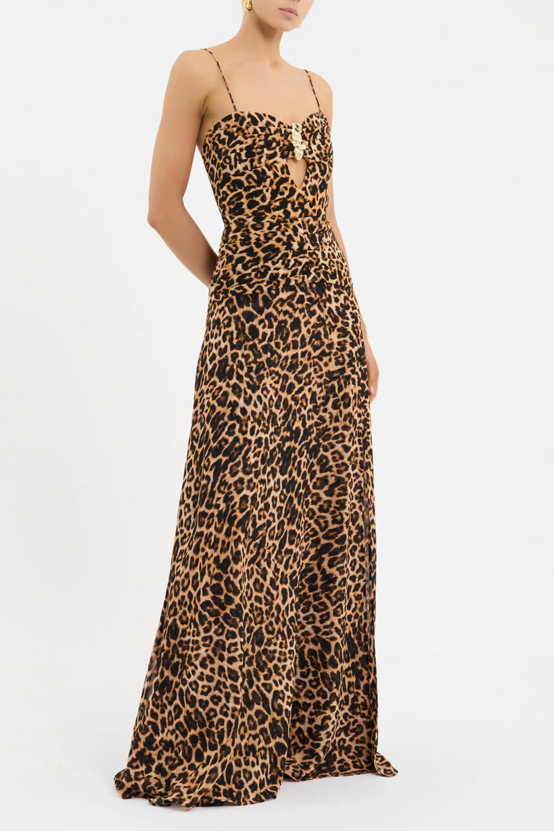 Spaghetti Strap Leopard Front High-Slit Ruched Cutout Metal-Bust-Detail Dress