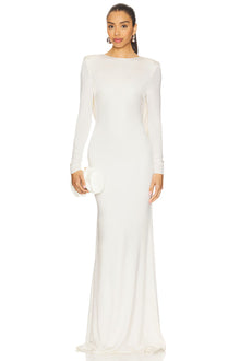 Boat-Neck Draped Open-Back Long-Sleeve Dress