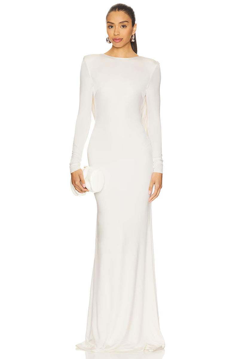 Boat-Neck Draped Open-Back Long-Sleeve Dress