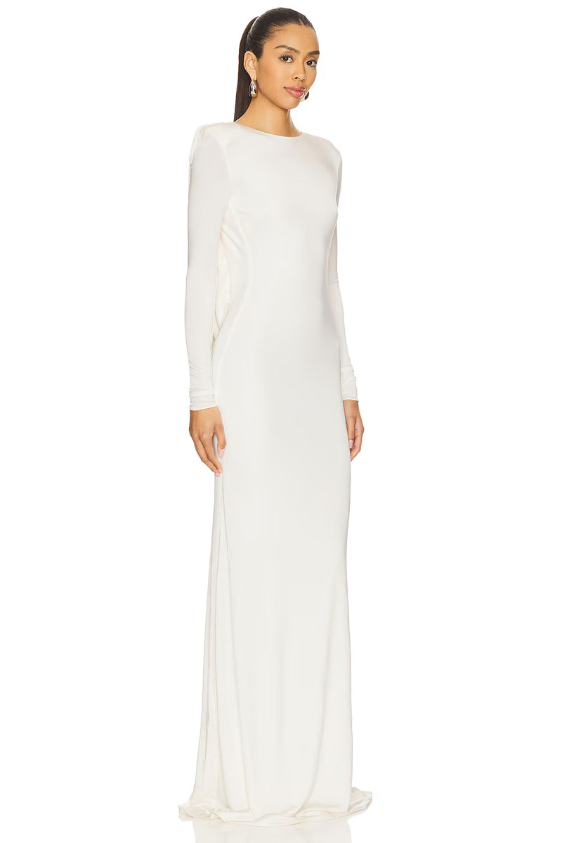 Boat-Neck Draped Open-Back Long-Sleeve Dress