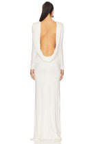 Boat-Neck Draped Open-Back Long-Sleeve Dress