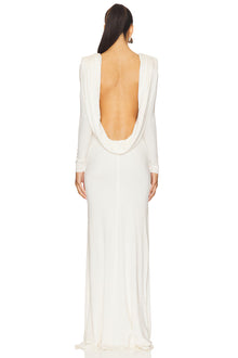 Boat-Neck Draped Open-Back Long-Sleeve Dress