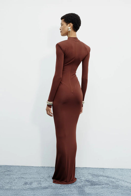Mid-Neck Long-Sleeve Ruched Dress
