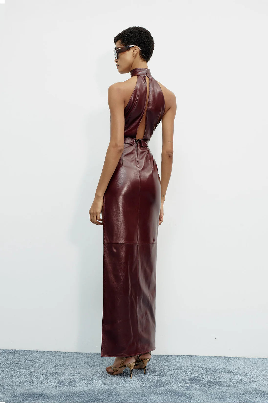 High Neck Sleeveless Front Cut-Out Leather Dress