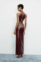 High Neck Sleeveless Front Cut-Out Leather Dress