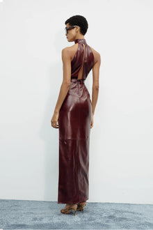 High Neck Sleeveless Front Cut-Out Leather Dress