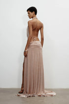 Choker-Style Deep V-Neck High-Slit Ruched Full-Crystal Dress