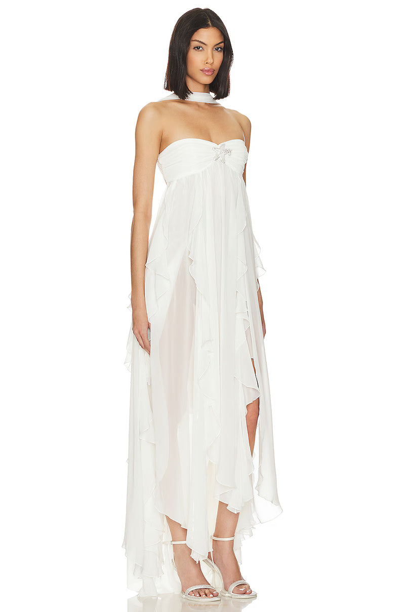 Strapless Draped-Neck Backless Asymmetric-Hem Chiffon Dress