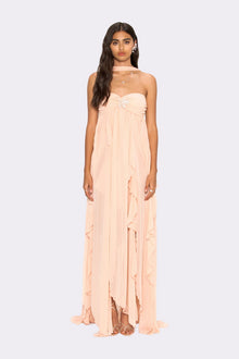 Strapless Draped-Neck Backless Asymmetric-Hem Chiffon Peach Dress