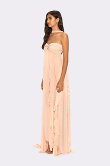 Strapless Draped-Neck Backless Asymmetric-Hem Chiffon Peach Dress