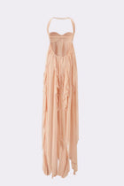 Strapless Draped-Neck Backless Asymmetric-Hem Chiffon Peach Dress