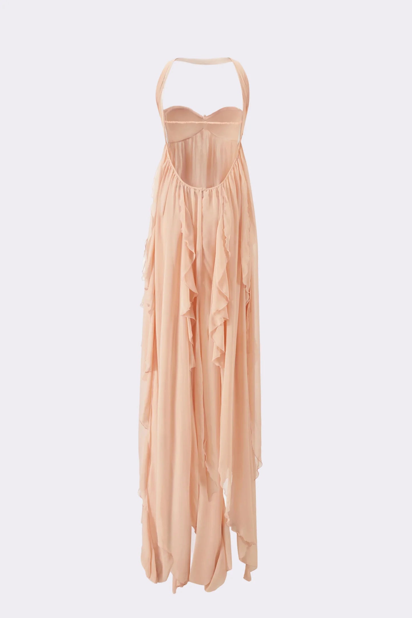 Strapless Draped-Neck Backless Asymmetric-Hem Chiffon Peach Dress