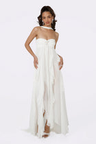Strapless Draped-Neck Backless Asymmetric-Hem Chiffon Dress