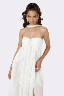 Strapless Draped-Neck Backless Asymmetric-Hem Chiffon Dress