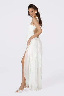 Strapless Draped-Neck Backless Asymmetric-Hem Chiffon Dress