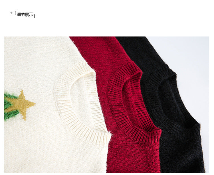 Red Christmas-Themed Crew-Neck Long-Sleeve Sweater