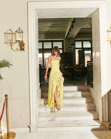 Strapless Sequin-Panel Chiffon High-Slit Dress