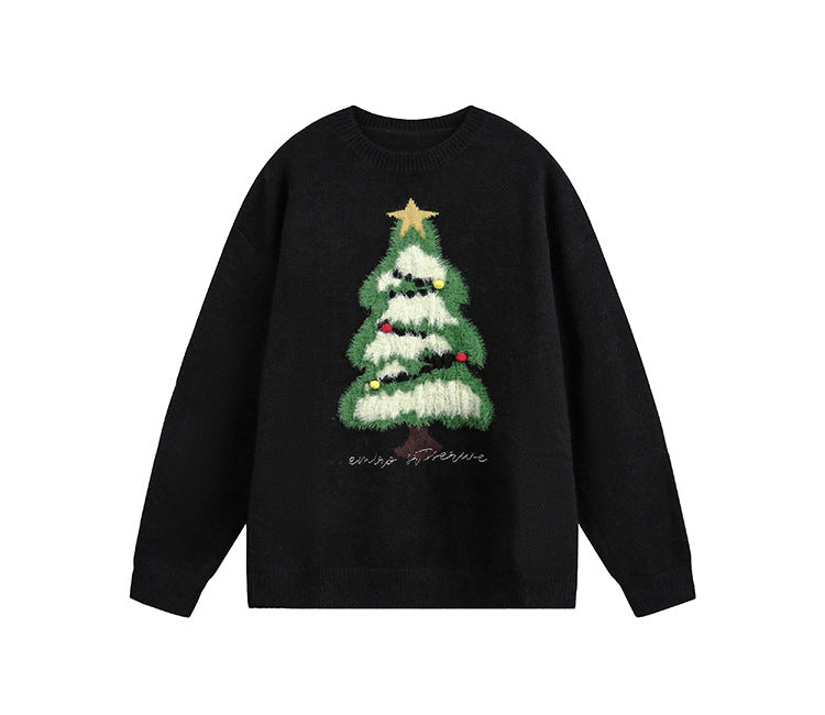 Crew-Neck Festive Black Long-Sleeve Knitted Sweater