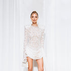 Crew-Neck Rhinestone-Embellished Guipure Lace Long-Sleeve Dress