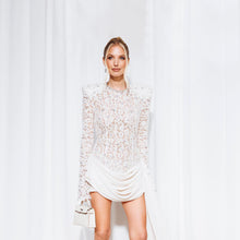 Crew-Neck Rhinestone-Embellished Guipure Lace Long-Sleeve Dress