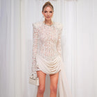 Crew-Neck Rhinestone-Embellished Guipure Lace Long-Sleeve Dress