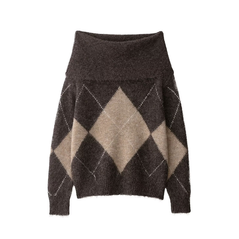 Collared Off-Shoulder Long-Sleeve Argyle Knit Sweater
