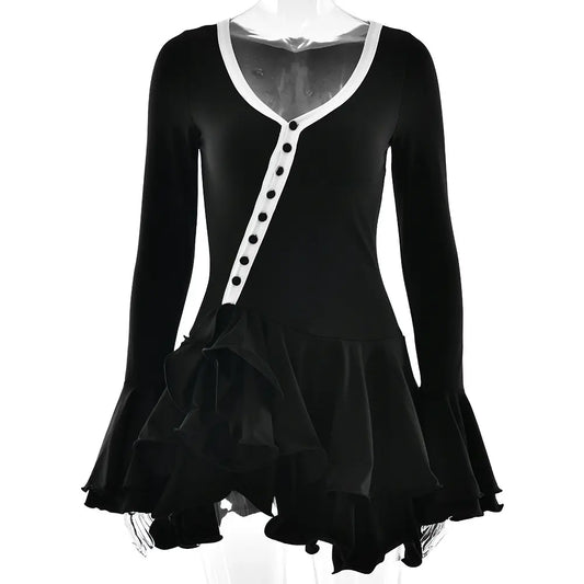 Asymmetrical Button-Front Ruffle Mini Long-Sleeve Dress