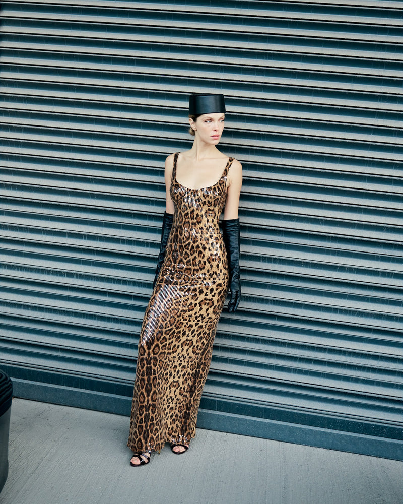 Two-Piece Sequin Leopard Spaghetti Strap Dress with Pullover Cape