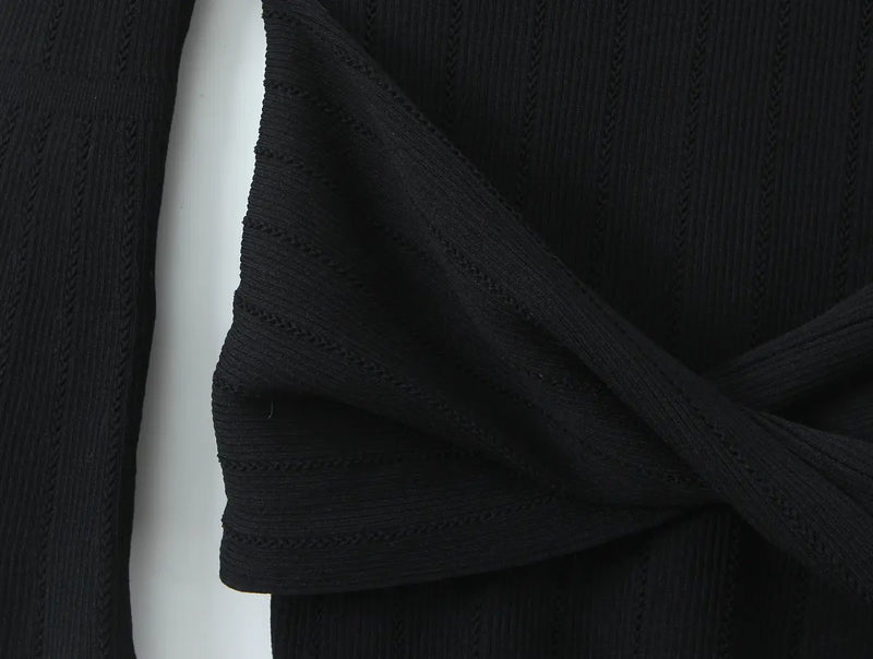 Open-Knit Ribbed Bell Sleeve Mini Dress with Hip Knot