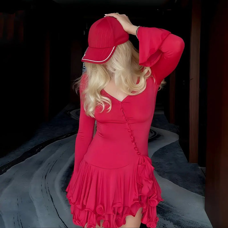 Asymmetrical Button-Front Ruffle Mini Long-Sleeve Dress