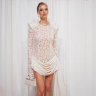 Crew-Neck Rhinestone-Embellished Guipure Lace Long-Sleeve Dress