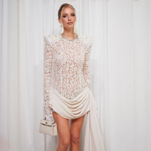 Crew-Neck Rhinestone-Embellished Guipure Lace Long-Sleeve Dress