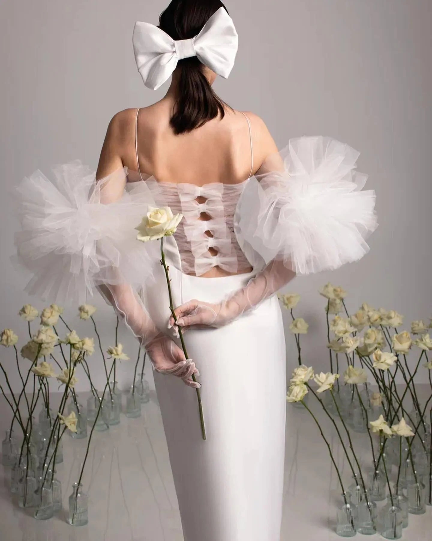 Rhinestone-Strap Bandeau-Style Slit Back-Bow Satin Dress