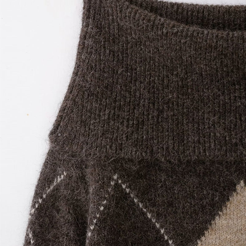 Collared Off-Shoulder Long-Sleeve Argyle Knit Sweater