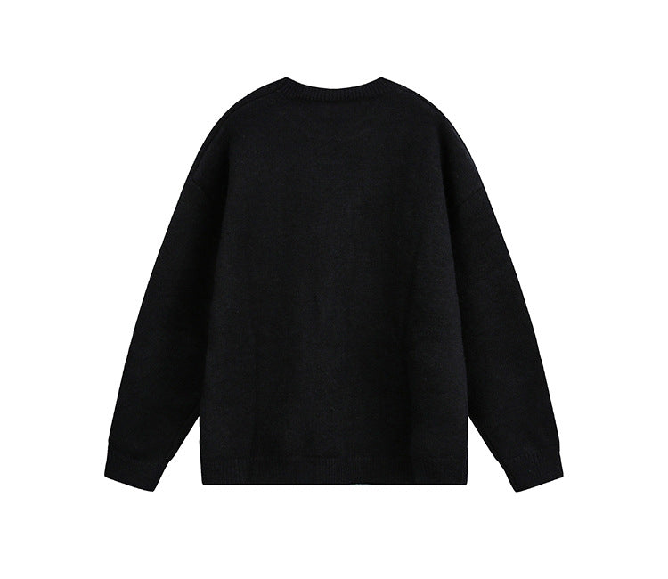 Crew-Neck Festive Black Long-Sleeve Knitted Sweater